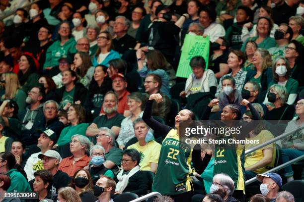 Seattle Storm fans cheer during the first half against the Minnesota Lynxat Climate Pledge Arena on May 06, 2022 in Seattle, Washington. NOTE TO...