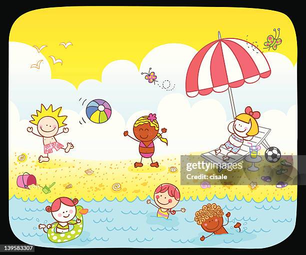 children at summer beach cartoon illustration - african girls on beach stock illustrations