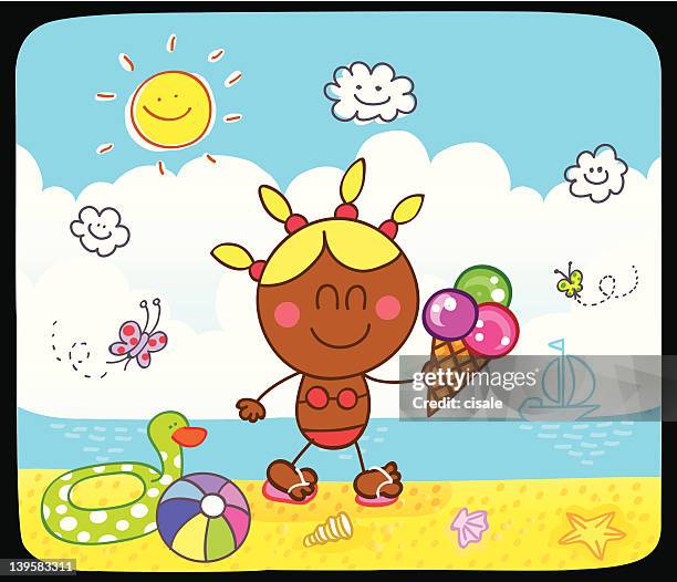 happy black girl walking at beach cartoon - black people in bathing suits stock illustrations