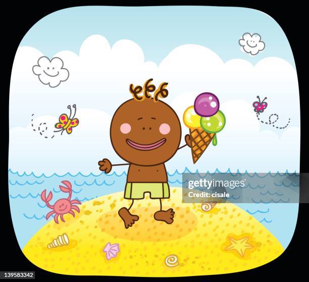 happy black boy and sea cartoon illustration - black people in bathing suits stock illustrations