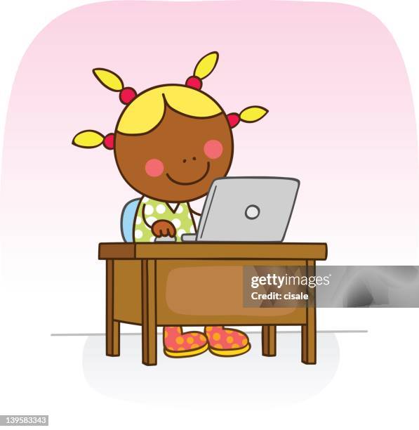 black girl online with computer cartoon illustration - black person using computer stock illustrations