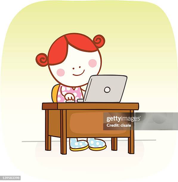 white girl online with computer cartoon illustration - young at heart stock illustrations