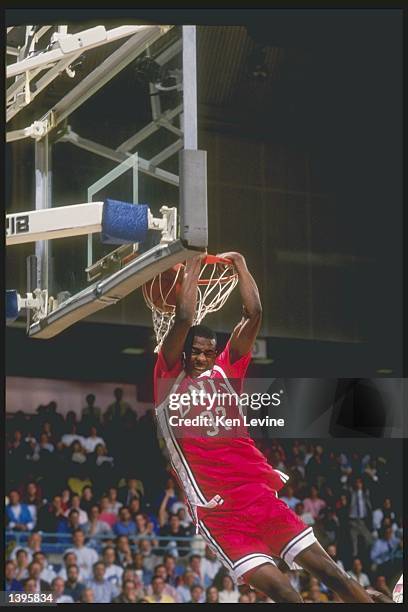 Guard Stacey Augmon of the UNLV Running Rebels dunks during a game against the University of California Irvine Anteaters on January 17, 1991 in...