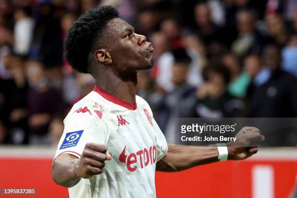 Aurelien Tchouameni of Monaco celebrates his winning goal during the Ligue 1 Uber Eats match between Lille OSC and AS Monaco at Stade Pierre Mauroy...