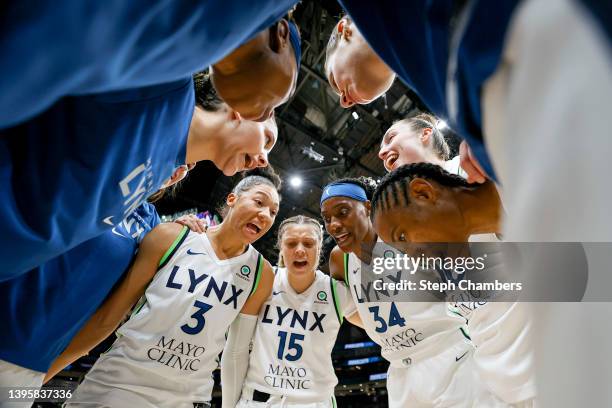 Minnesota Lynx gather before the game against the Seattle Storm at Climate Pledge Arena on May 06, 2022 in Seattle, Washington. NOTE TO USER: User...