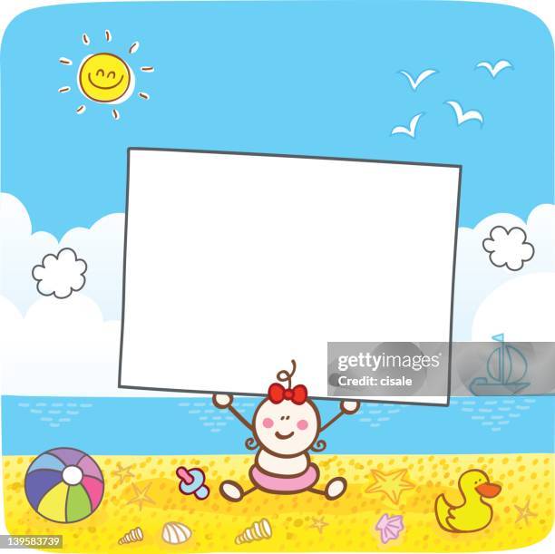 happy baby girl holding blank banner at sunny summer beach - young at heart stock illustrations