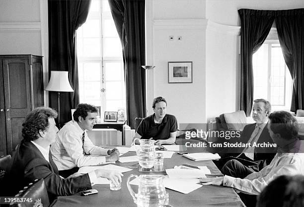 Conservative Party leader David Cameron pictured with advisors, George Osbourne, Micheal Gove, Oliver Letwin and Rohan Silva in his office during...