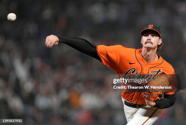 Sean Hjelle of the San Francisco Giants makes his major league debut pitching against the St. Louis Cardinals in the top of the seventh inning at...