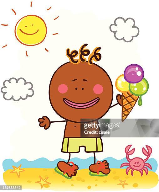 happy boy with icecream at beach cartoon illustration - mischief stock illustrations