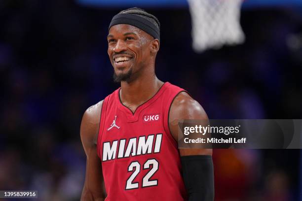 Jimmy Butler of the Miami Heat reacts against the Philadelphia 76ers during Game Three of the 2022 NBA Playoffs Eastern Conference Semifinals at the...