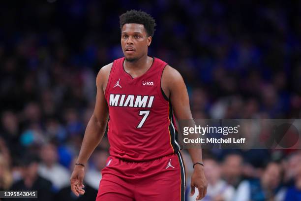 Kyle Lowry of the Miami Heat looks on against the Philadelphia 76ers during Game Three of the 2022 NBA Playoffs Eastern Conference Semifinals at the...