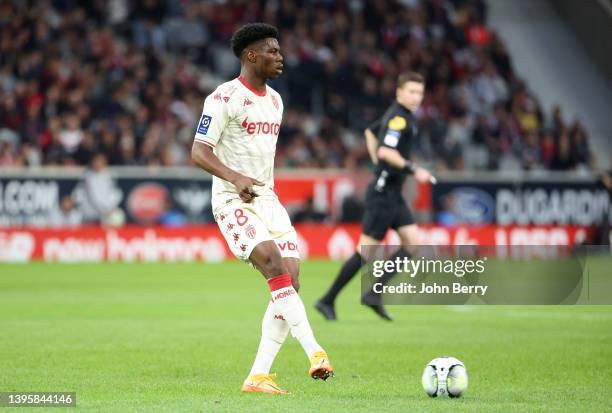 Aurelien Tchouameni of Monaco during the Ligue 1 Uber Eats match between Lille OSC and AS Monaco at Stade Pierre Mauroy on May 6, 2022 in Lille,...