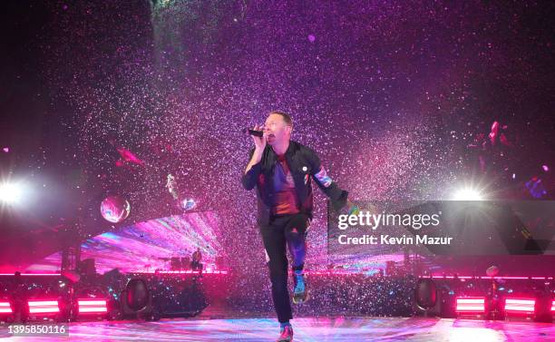 Chris Martin of Coldplay performs onstage during their "Music of the Spheres" tour at Cotton Bowl on May 06, 2022 in Dallas, Texas.