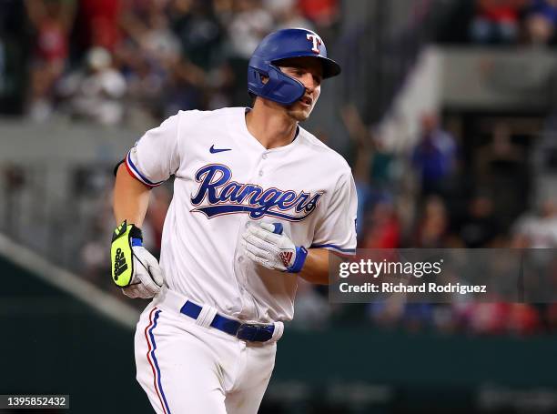 Corey Seager of the Texas Rangers runs the bases after a home run against the Atlanta Braves at Globe Life Field on April 29, 2022 in Arlington,...