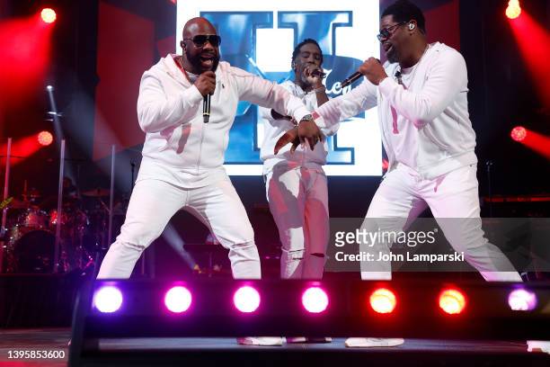 Wanya Morris, Shawn Stockman and Nathan Morris of Boyz II Men perform during R&B Super Jam Ladies Night at Barclays Center on May 06, 2022 in New...