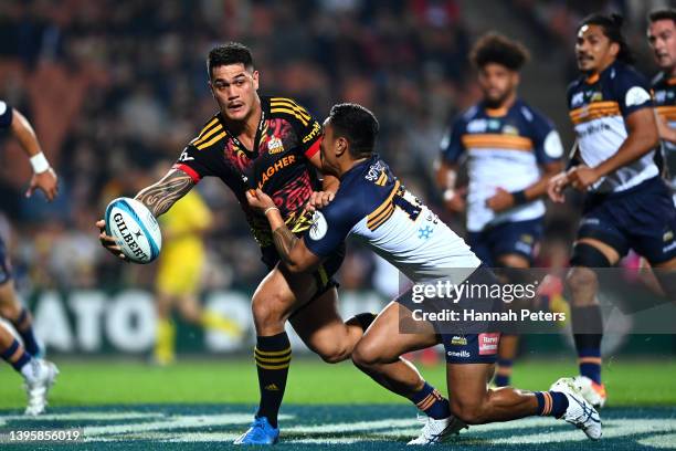 Quinn Tupaea of the Chiefs charges forward during the round 12 Super Rugby Pacific match between the Chiefs and the ACT Brumbies at FMG Stadium...