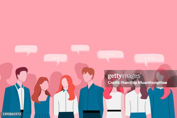 business conference illustration concept shows a small group of young business people talking and discussing in the business conference hall by face to fact to exchange their opinions and ideas to others with the pink background and copy space. - cartoon office background stock pictures, royalty-free photos & images