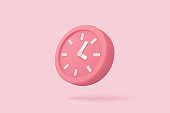 3d alarm clock on pastel pink background. Pink watch minimal design concept of time. 3d clock vector rendering in isolated pink background