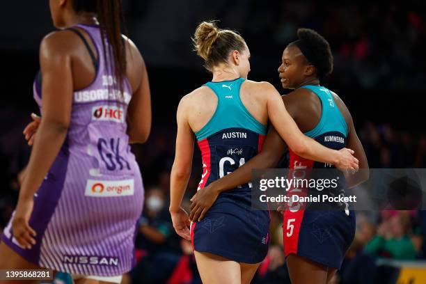 Mwai Kumwenda of the Vixens and Kiera Austin of the Vixens celebrate winning the round eight Super Netball match between Melbourne Vixens and...