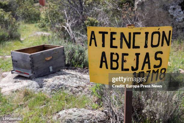 Entrance to one of the apiaries of 'La Abeja Viajera', on 29 April, 2022 in Navalafuente, Madrid, Spain. 'La Abeja Viajera' is a beekeeping company...