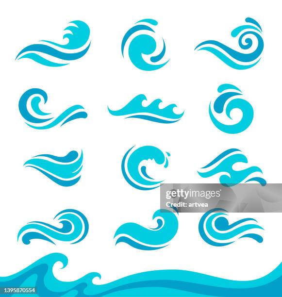 blaue wellen gesetzt. flüssige formelemente - wasser stock-grafiken, -clipart, -cartoons und -symbole