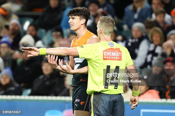 Sam Taylor of the Giants shows his frustration to the umpire during the round eight AFL match between the Greater Western Sydney Giants and the...