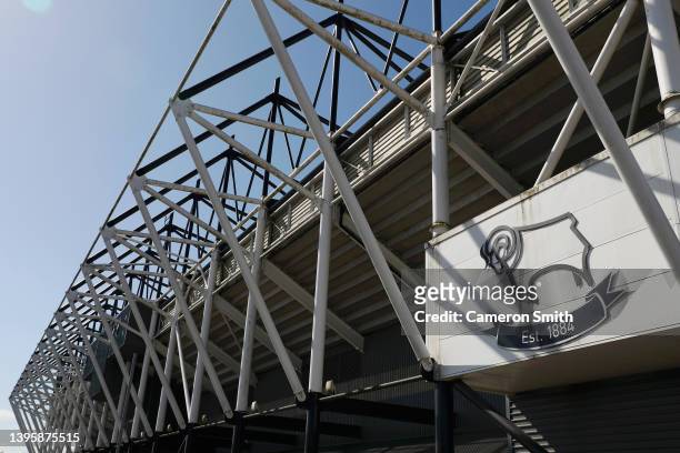 General view outside the stadium prior to the Sky Bet Championship match between Derby County and Cardiff City at Pride Park Stadium on May 07, 2022...