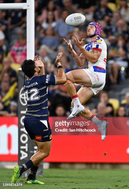 Kalyn Ponga of the Knights takes a high ball during the round nine NRL match between the North Queensland Cowboys and the Newcastle Knights at Qld...