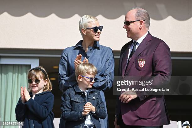 Princess Charlene of Monaco, Prince Albert II of Monaco, Prince Jacques of Monaco and Princess Gabriella of Monaco attend the Sainte Devote Rugby...