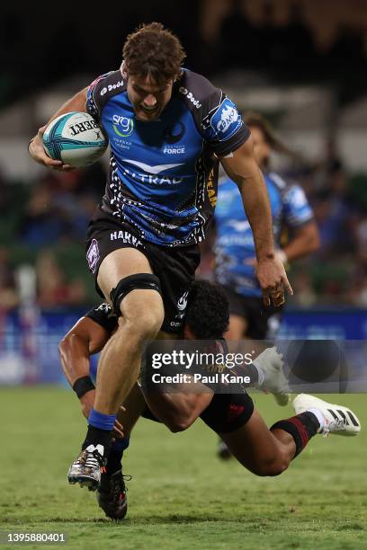 Tim Anstee of the Force runs the ball during the round 12 Super Rugby Pacific match between the Western Force and the Crusaders at HBF Park on May...