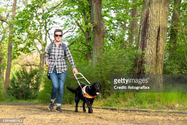 woman with visual impairment walking with her service dog through the park - blind woman stock pictures, royalty-free photos & images