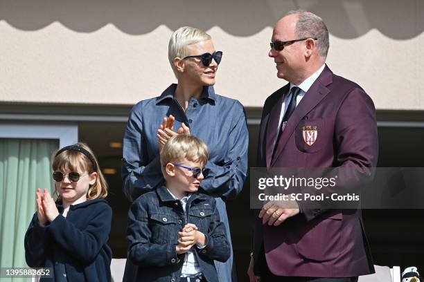 Princess Charlene of Monaco, Prince Albert II of Monaco, Prince Jacques of Monaco and Princess Gabriella of Monaco attend the Sainte Devote Rugby...