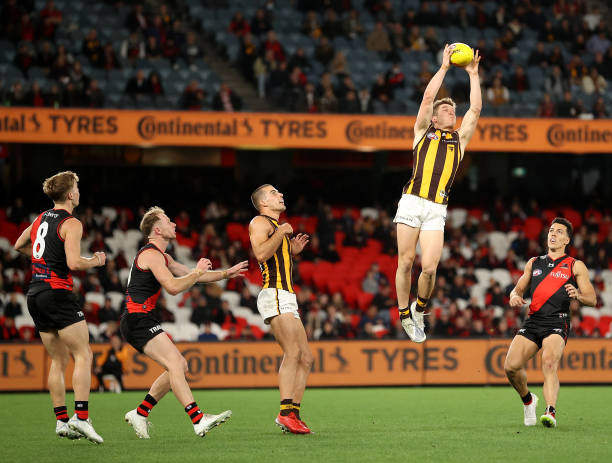 Dylan Moore of the Hawks marks during the round eight AFL match between the Essendon Bombers and the Hawthorn Hawks at Marvel Stadium on May 07, 2022...