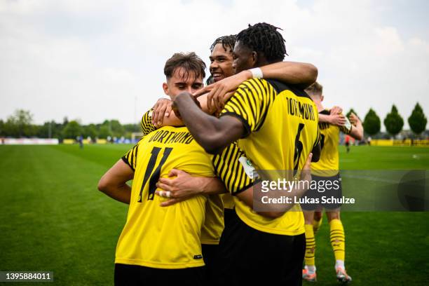Team of Borussia Dortmund celebrate their site's third goal scored by Bradley Thomas Fink of Dortmund during A Junior German Championship Semi Final...