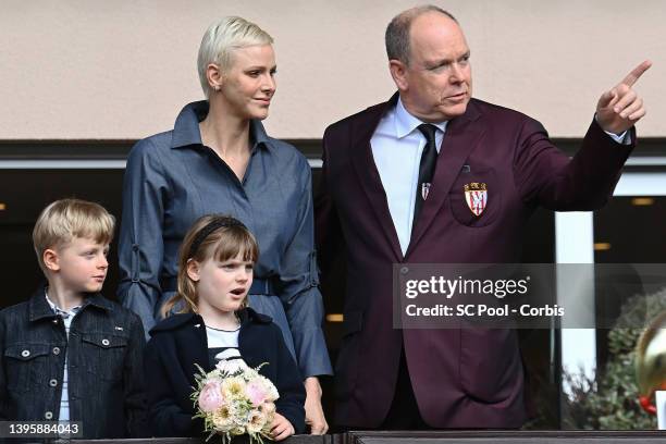 Princess Charlene of Monaco, Prince Albert II of Monaco, Prince Jacques of Monaco and Princess Gabriella of Monaco attend the Sainte Devote Rugby...