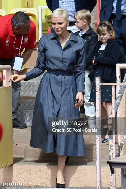 Princess Charlene of Monaco, Princess Gabriella of Monaco and Prince Jacques of Monaco attend the Sainte Devote Rugby Tournament on May 07, 2022 in...