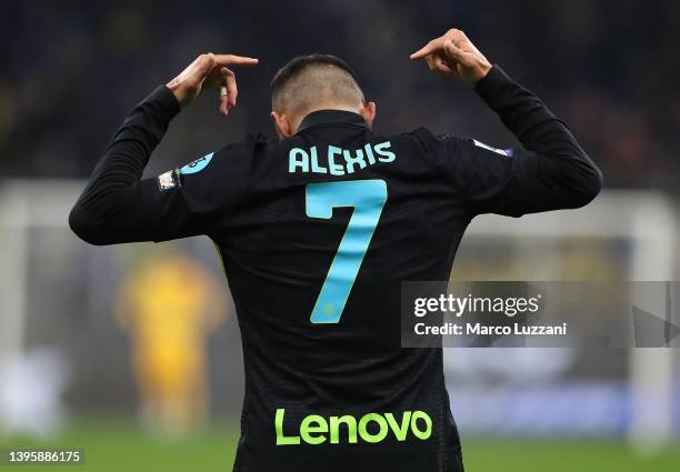 Alexis Sanchez of FC Internazionale celebrates after scoring their team's fourth goal during the Serie A match between FC Internazionale and Empoli...