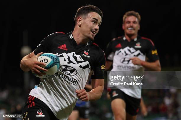 Will Jordan of the Crusaders runs in for a try during the round 12 Super Rugby Pacific match between the Western Force and the Crusaders at HBF Park...