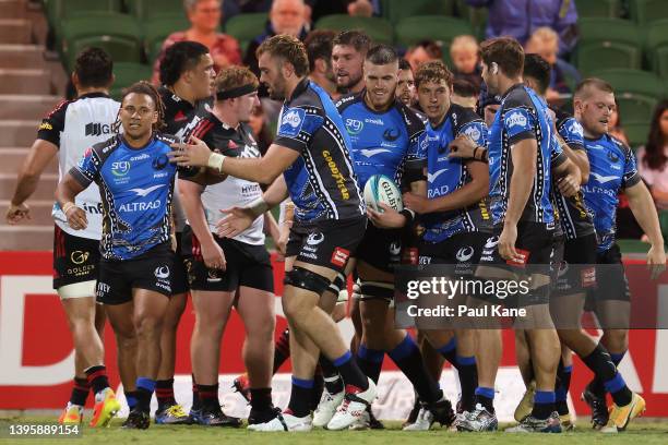 Fergus Lee-Warner of the Force celebrates after crossing for a try during the round 12 Super Rugby Pacific match between the Western Force and the...