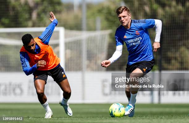 Toni Kroos and Rodrygo Goes players of Real Madrid are training at Valdebebas training ground on May 07, 2022 in Madrid, Spain.