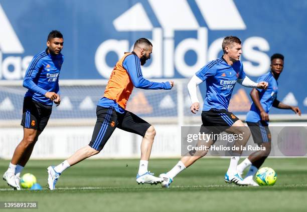 Toni Kroos player of Real Madrid training with teammates Karim Benzema, Carlos Casemiro and Vinicius Jr. At Valdebebas training ground on May 07,...