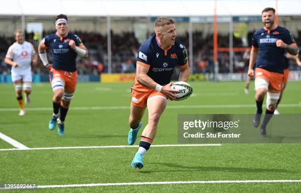 Edinburgh scrum half Ben Vellacott scores the opening try during the EPCR Challenge Cup Quarter Finals match between Edinburgh Rugby and Wasps at DAM...