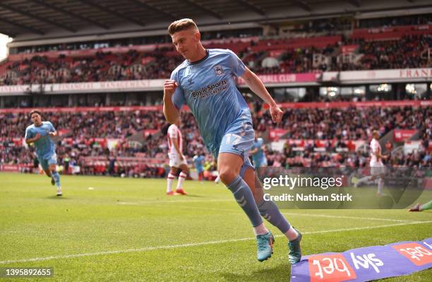 Viktor Gyokeres of Coventry City celebrates as he scores their first goal during the Sky Bet Championship match between Stoke City and Coventry City...