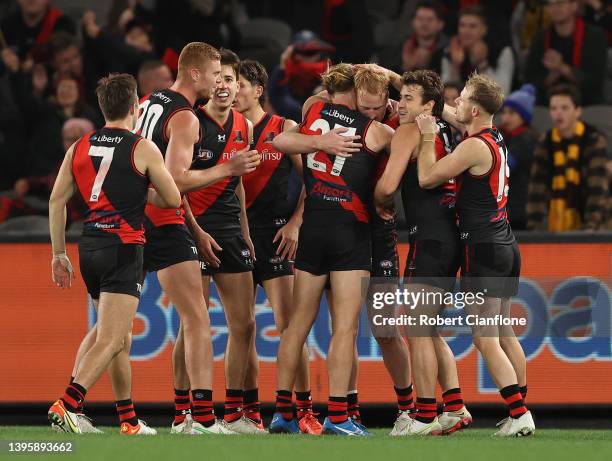 Aaron Francis of the Bombers celebrates after scoring a goal during the round eight AFL match between the Essendon Bombers and the Hawthorn Hawks at...