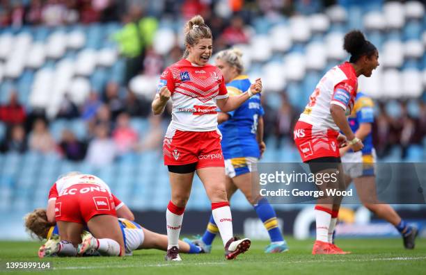Emily Rudge of St Helens celebrates during the Betfred Women's Super League Grand Final match between Leeds Rhinos and St Helens at Elland Road on...