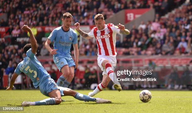 Josh Tymon of Stoke City shots at goal during the Sky Bet Championship match between Stoke City and Coventry City at Bet365 Stadium on May 07, 2022...