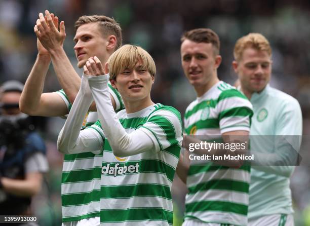 Kyogo Furuhashi of Celtic celebrates their team's victory at full-time after the Cinch Scottish Premiership match between Celtic and Heart of...
