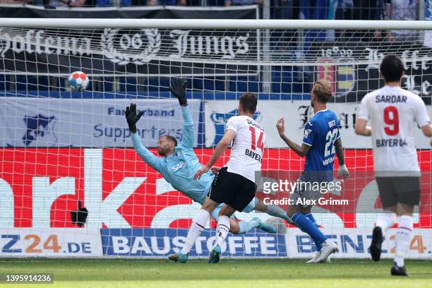 Patrik Schick of Bayer 04 Leverkusen scores their team's first goal during the Bundesliga match between TSG Hoffenheim and Bayer 04 Leverkusen at...