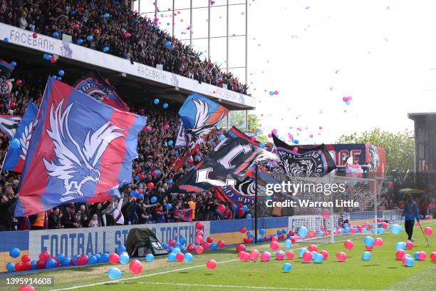Crystal Palace fans show their support prior to the Premier League match between Crystal Palace and Watford at Selhurst Park on May 07, 2022 in...