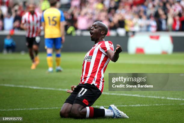 Yoane Wissa of Brentford celebrates after scoring their team's second goal during the Premier League match between Brentford and Southampton at...